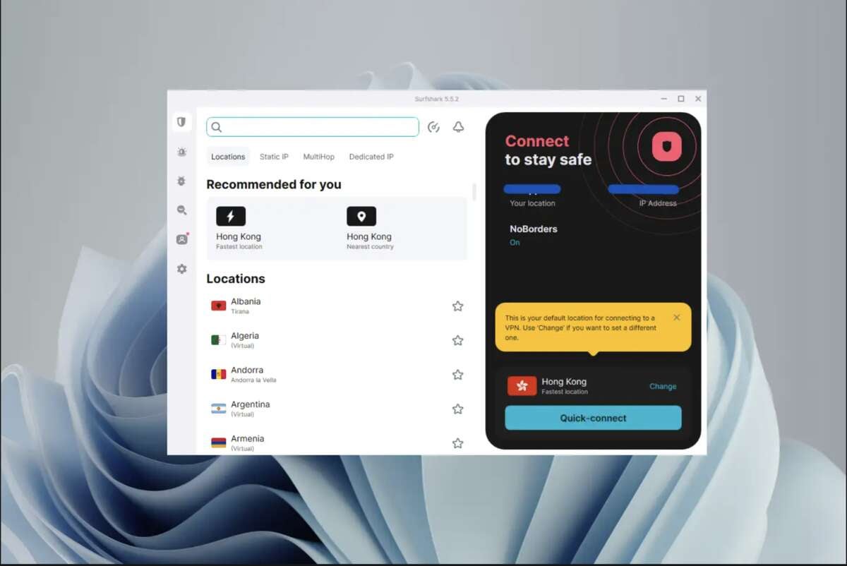 Surfshark's Desktop interface