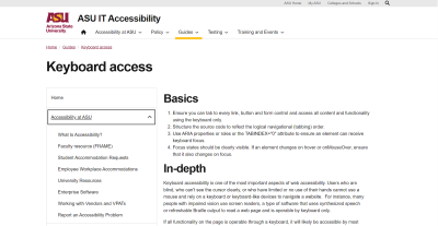 Arizona State University Page about keyboard accessibility